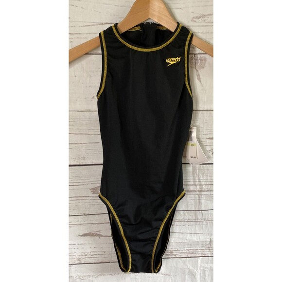 Women Girls Black gold  Speedo One Piece Swim Suit Sx 30 Back Zip Endurance NWT - Picture 1 of 7